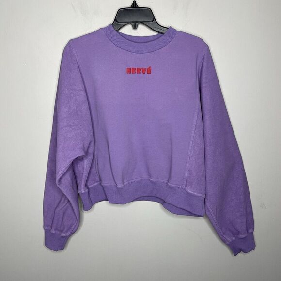 HERVE LEGER Dolman Sweatshirt Women Large Purple French Terry Cotton Crop Logo - Picture 3 of 16